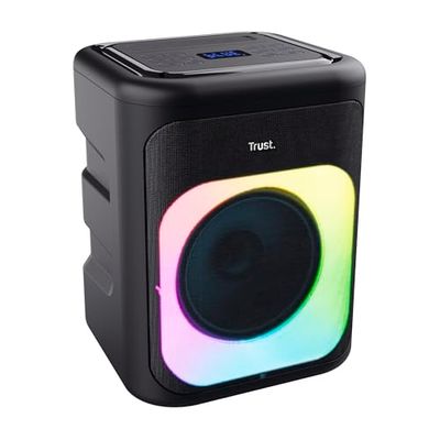 Trust Azura Enceinte Bluetooth Puissante 100W de Soirée, Enceinte Connectée sans Fil LED RGB, Haut Parleur Bluetooth IPX4 Batterie Rechargeable 11 Heures, 2 Entrées Microphone pour Karaoke