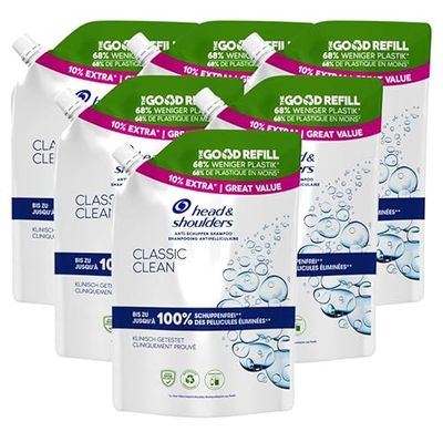 Head & Shoulders Shampooing Antipelliculaire Classic, Recharge 6 x 550 ml, Jusqu’à 100% des Pellicules Éliminées, Cliniquement Prouvé, Testé Sous Contrôle dermatologique