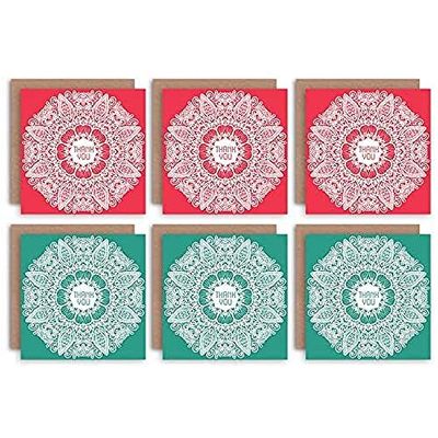 Wee Blue Coo Thank You Cards x6 Mandala Pattern Green Red Set (2 Designs) _CS