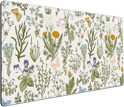 Tapis de souris de jeu à fleurs mignonnes séchées pressées Beige neutre Vert sauge XXL Grand tapis de souris de jeu étendu 80 x 40 cm, clavier d'ordinateur portable et tapis de souris pour femme,