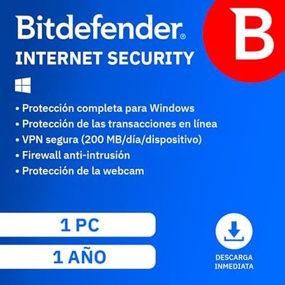 Bitdefender Internet Security 2024| 1 Dispositivo | 1 año | PC | Código de activación enviado por email