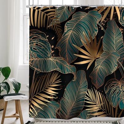 Cinbloo Tenda da doccia con foglie di palma verde smeraldo, 72 x 72 cm, motivo astratto con foglie tropicali dorate, set di tende da bagno moderne con pianta botanica marrone Monstera, decorazione per