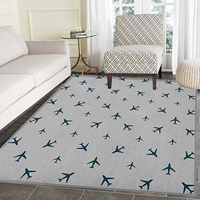 Big deer Airplane Non-Slip Rugs Diagonal Stripes with Blue Travel Icons Siluetas Vacation Aviation Door Mats for Inside Non Slip Backing 5'x6' Petrol Blue Black White