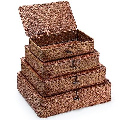 Didaey Lot de 4 paniers de rangement en jonc de mer avec couvercle - Paniers de rangement décoratifs tissés pour étagère, placard, chambre à coucher, 4 tailles (marron foncé)