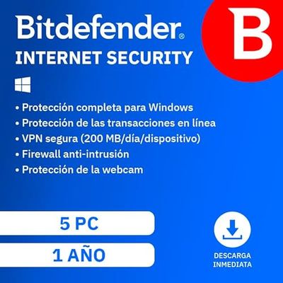 Bitdefender Internet Security 2024| 5 Dispositivos | 1 año | PC | Código de activación enviado por email