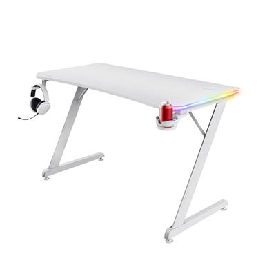 Trust Gaming GXT 709W Luminus Gaming Bureau met LED Verlichting, 10 Kleurmodi, USB Voeding, Gaming Desk RGB met Headsethouder en Bekerhouder, Gaming Tafel 120 x 60 voor Kantoor, Studie, Werk - Wit