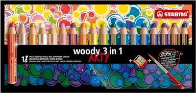 STABILO woody 3-in-1 - Multi-Talented Pencil - ARTY - Pack of 18 - Assorted Colours with Sharpener and Paint Brush