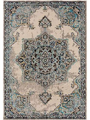 benuta Nest Tapis CASA - Fibre synthétique - Rectangulaire et Style : Vintage, Style Oriental, Shabby Chic - Facile d'entretien pour Salon, Chambre à Coucher, Beige/Turquoise, 80 x 150 cm
