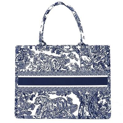 FENGJINRUHUA Sac fourre-tout tendance de luxe en coton et lin, grande capacité, superbe motif Jacquard rétro, Bleu A, Large