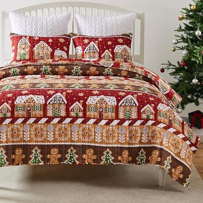 Greenland Home Gingerbread Lane Novelty Holiday Reversible Quilt Set, 3-Piece Full/Queen