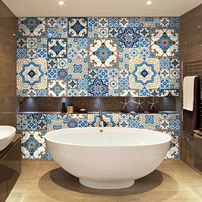 60 Stickers adhésifs carrelages | Sticker Autocollant Carreaux de ciment - Mosaïque carrelage mural salle de bain et cuisine | Carreaux de ciment adhésif mural - azulejos - 10 x 10 cm - 60 pièces