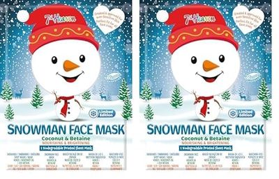 7th Heaven Snowman Face Mask – Face Mask Sheet with Coconut & Betaine – Sheet Mask to Nourish & Brighten Skin - Limited Edition (Pack of 2)