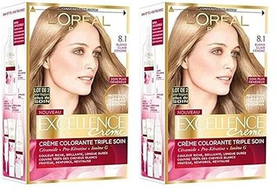 L’ORÉAL PARIS - Coloration Cheveux Permanente Triple Soin - Couvre 100% des Cheveux Blancs - Excellence Crème - Nuance : Blond Clair Cendré (8.10) (Lot de 2)