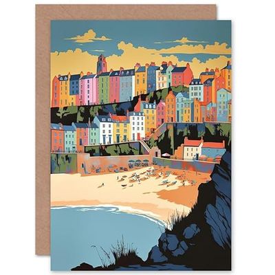 Artery8 Tenby Castle Beach Coastal Town in Wales Linocut Travel Birthday Sealed Greeting Card Plus Envelope Blank inside