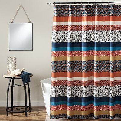 Lush Decor Boho Stripe Tenda da Doccia in Tessuto per Bagno, Design Geometrico e Floreale, colorato, Poliestere, Turchese e Arancione, W 72" x L 72" (1 Panels)