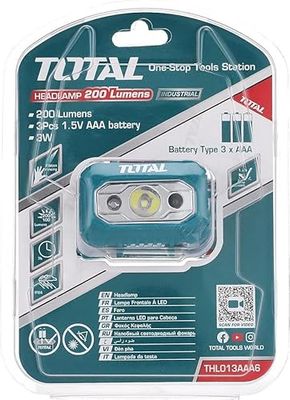 TOTAL Hoofdlamp, 200 lumen, ledlicht, IPX4 waterdicht, inclusief 3 AAA-batterijen, maximaal bereik 91 m, blauw