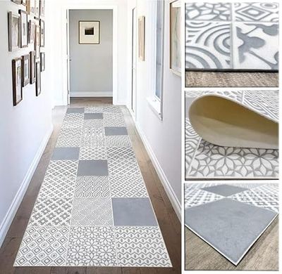 Tadi & Imperio1979 Tapis Vinyle hydraulique en carrelage pour Salon, Couleurs Gris argenté sur Fond Ivoire, pour Cuisine, Couloir, Salle de Bain ou Chambre - Moquette Vinyle
