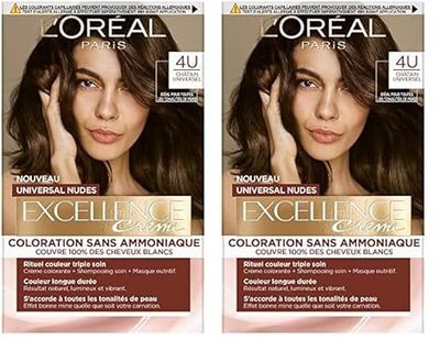 L’ORÉAL PARIS - Coloration Cheveux Cheveux Permanente - Sans Ammoniaque - Couvre 100% des Cheveux Blancs - Excellence Crème Universal Nudes - Nuance : Châtain Universel (4) (Lot de 2)