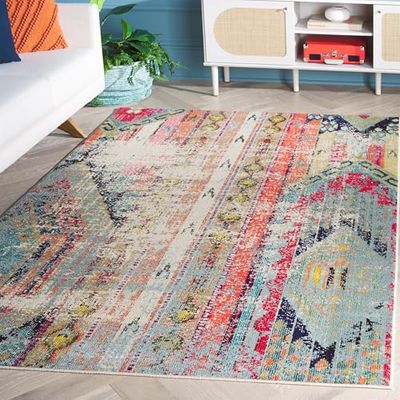 Safavieh Monaco Collection Tapete de área de 5 pés 1 polegada x 7 pés de 7 polegadas, multicolorido, design tribal boêmio chique desgastado, não desprende peluche, fácil cuidado, ideal para áreas de