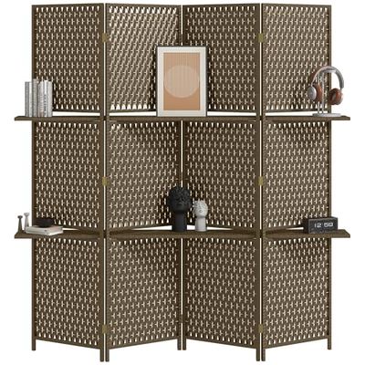 HOMCOM 4-Panel Room Dividers with Shelves, Wave Fibre Freestanding Folding Privacy Screen Panels, Partition Wall Divider for Indoor Bedroom Office, 180 cm, Brown