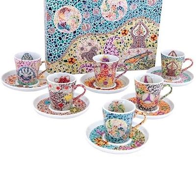 DRW Set van 6 kopjes met schoteltje, porselein, Gaudi-elementen, beker: 8 x 6 x 7 cm