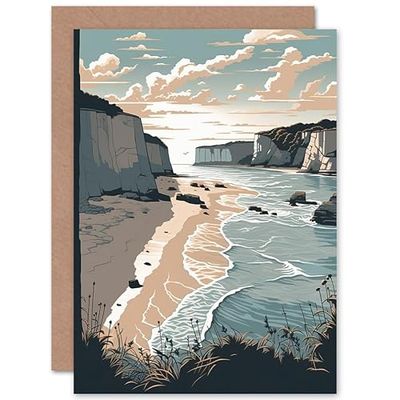 Artery8 Bay with Cliffs Pastel Colour Coastal Landscape Travel Birthday Sealed Greeting Card Plus Envelope Blank inside