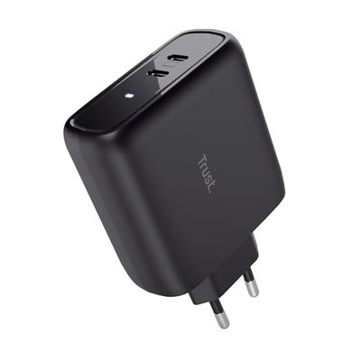 Trust Maxo Caricatore USB C 65W, Alimentatore USB C x2, 75% Materiali Riciclati, Caricatore Rapido Adattatore di Alimentazione per iPhone iPad Samsung Galaxy Smartphone Tablet - Nero