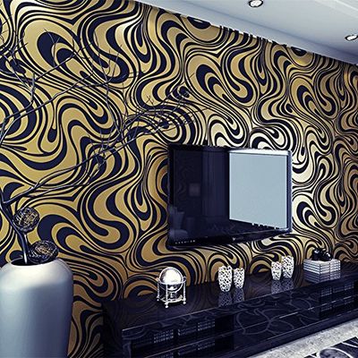 HANMERO Modern Minimalistische Abstract Curves Glitter Non-woven 3D Wallpaper Voor Slaapkamer Woonkamer TV Achtergrond Gouden & Zwart