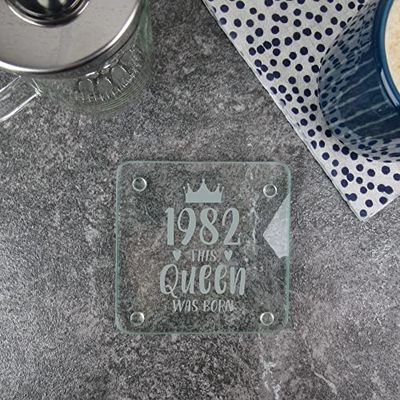 eBuyGB Engraved Square Glass Coaster -1983 This Queen was Born Design - 30th Birthday Gifts for Women, Her - Thirtieth Birthday Gift for Mum, Sister, Auntie, Friend - Drinks Mat, Placemat