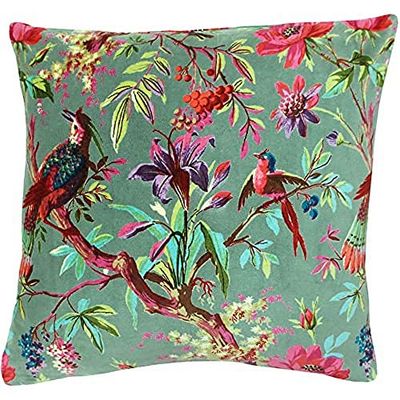Paoletti Riva Paradise praça almofada mineral azul pássaro colorido impressão veludo tecido lavável à máquina 100% algodão 50 x 50 cm (20" x 20" polegadas)