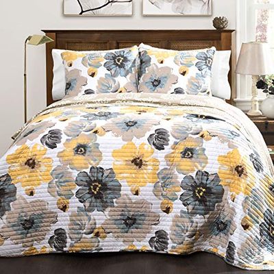Lush Decor Leah Quilt Floral Piece reversível colcha de 3 peças, amarelo e cinzento, Full/Queen