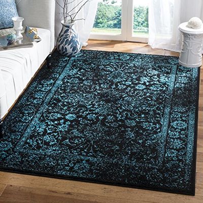 Safavieh Tapis Vintage à Poils Courts pour Salon, Salle à Manger, Chambre à Coucher – Collection Adirondack, Noir et Bleu Sarcelle, 155 x 229 cm