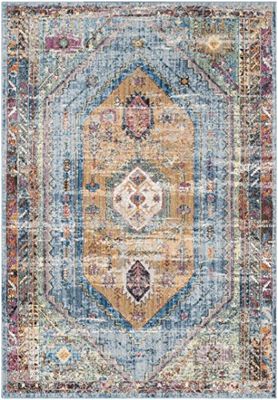 SAFAVIEH Tapis Traditionnel Pour Salon, Salle à manger, Chambre à coucher - Bristol Collection, Tapis à poil court, Bleu et Camel, 91 X 152 cm