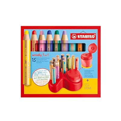 STABILO Lápiz de color, acuarela y cera woody 3 en 1 – Set de mesa con 15 unidades y 1 sacapuntas con depósito