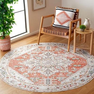 Safavieh Alfombra de Suelo Envejecida, Lavable a máquina y Antideslizante, Ideal para Zonas de Alto Paso, Arizona Collection, Alfombra de Pelo Corto, Rojo y Marfil, 183 x 183 cm