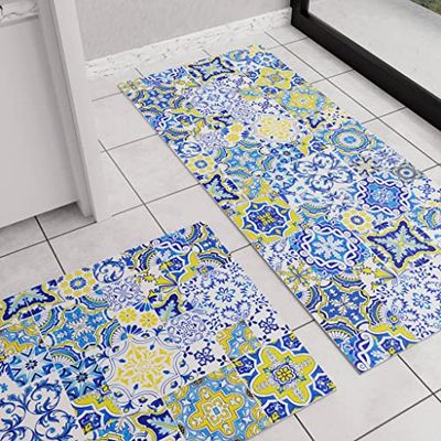 PETTI Artigiani Italiani - Alfombra de Cocina Antideslizante y Lavable, Alfombra para Cocina, 52 x 180 cm, diseño de vietri Azul, 100% Made in Italy