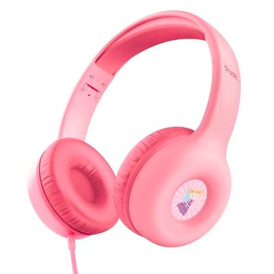 Trust Nouna Hoofdtelefoon met Kabel voor Kinderen 4-10 Jaar met Volumebegrenzing (85dB), On Ear Opvouwbare Headphones met In-line Microfoon en Stickers, Jack 3.5mm, voor Switch, Tablet, Muziek, Roze