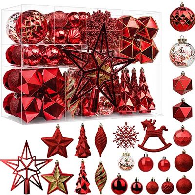 SHareconn 100pcs Christmas Tree Decorations Ornaments Set, Shatterproof Plastic Christmas Baubles Decorative Balls for Xmas Tree Decor Holiday Wedding Party, Red