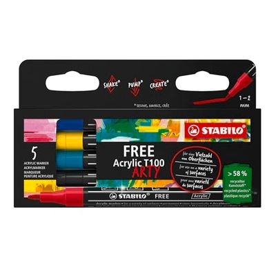 STABILO FREE - Acrylic Marker - ARTY - T100 Round Tip 1-2mm - Pack of 5 - ROYAL - Assorted Colours