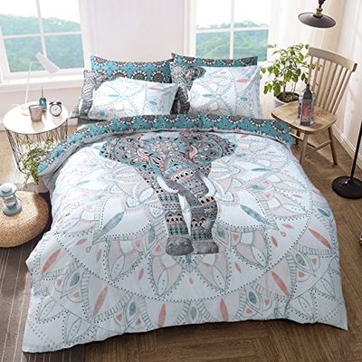 Sleepdown - Conjunto de roupa de cama, com design de elefante e mandalas, capa de edredão e fronhas de almofada, reversível, hipoalergénico, fácil de cuidar, suave, cor verde-azulado, tamanho duplo