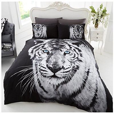 Lättskött 3D skogstryck påslakan, mjukt och mysigt safari sängkläder vilda djur täcke, vit tiger, kung