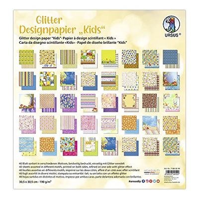 Ursus 71880099 Lot de 40 feuilles de papier design pailleté « Kids » avec motif imprimé recto-verso 190 g/m² 30,5 x 30,5 cm - Recto et verso imprimés de différentes manières