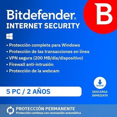 Bitdefender Internet Security 2025 | 5 Dispositivos | 2 Años | PC | Código de activación por email | Renovación automática