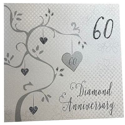 WHITE COTTON CARDS Algodón Blanco de Tarjetas Diamante Aniversario de Boda, diseño de 60 Aniversario Tarjeta, Color Blanco