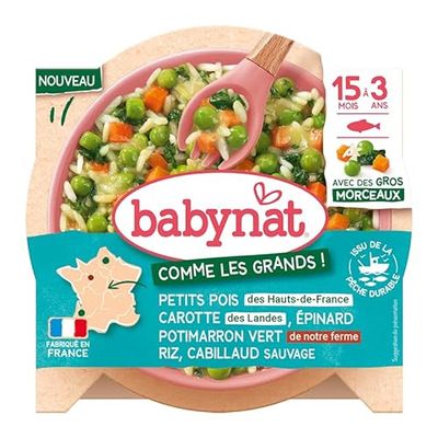 BABYBIO - Babynat - Petits pois des Hauts-de-France Carotte des Landes Epinard Potimarron vert de notre Ferme Riz Cabillaud