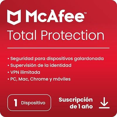 McAfee Total Protection 2024, 1 dispositivo | Antivirus, VPN, seguridad móvil y de Internet | PC/Mac/iOS/Android|Suscripción de 1 año | Código de activación por correo electrónico