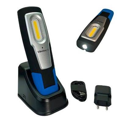 TIBELEC, 35300500, Lampe de Poche, Baladeuse LED 6W / 600LM sur socle rechargeable USB, Noir et Bleu, Autonomie Prolongée, Design Compact et Léger, Idéale pour Bricolage et Camping