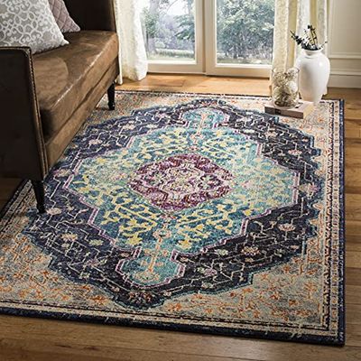 SAFAVIEH Tapis Boho Pour Salon, Salle à manger, Chambre à coucher - Monaco Collection, Tapis à poil court, Noir et bleu, 201 X 279 cm