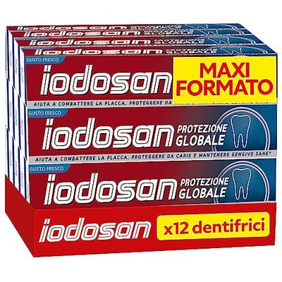 Iodosan Dentifricio Protezione Globale, con Fluoro, Aiuta a combattere la Placca e protegge dalle Carie, Gengive Sane, Gusto Fresco, Pacco da 12 x75ml