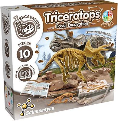 Triceratops, opgravingsset voor kinderen +6 jaar - Graaf en monteer 10 dinosaurusfossielen met dit paleontologische en archeologische speelgoed voor kinderen, wetenschappelijke spellen van 6-10 jaar